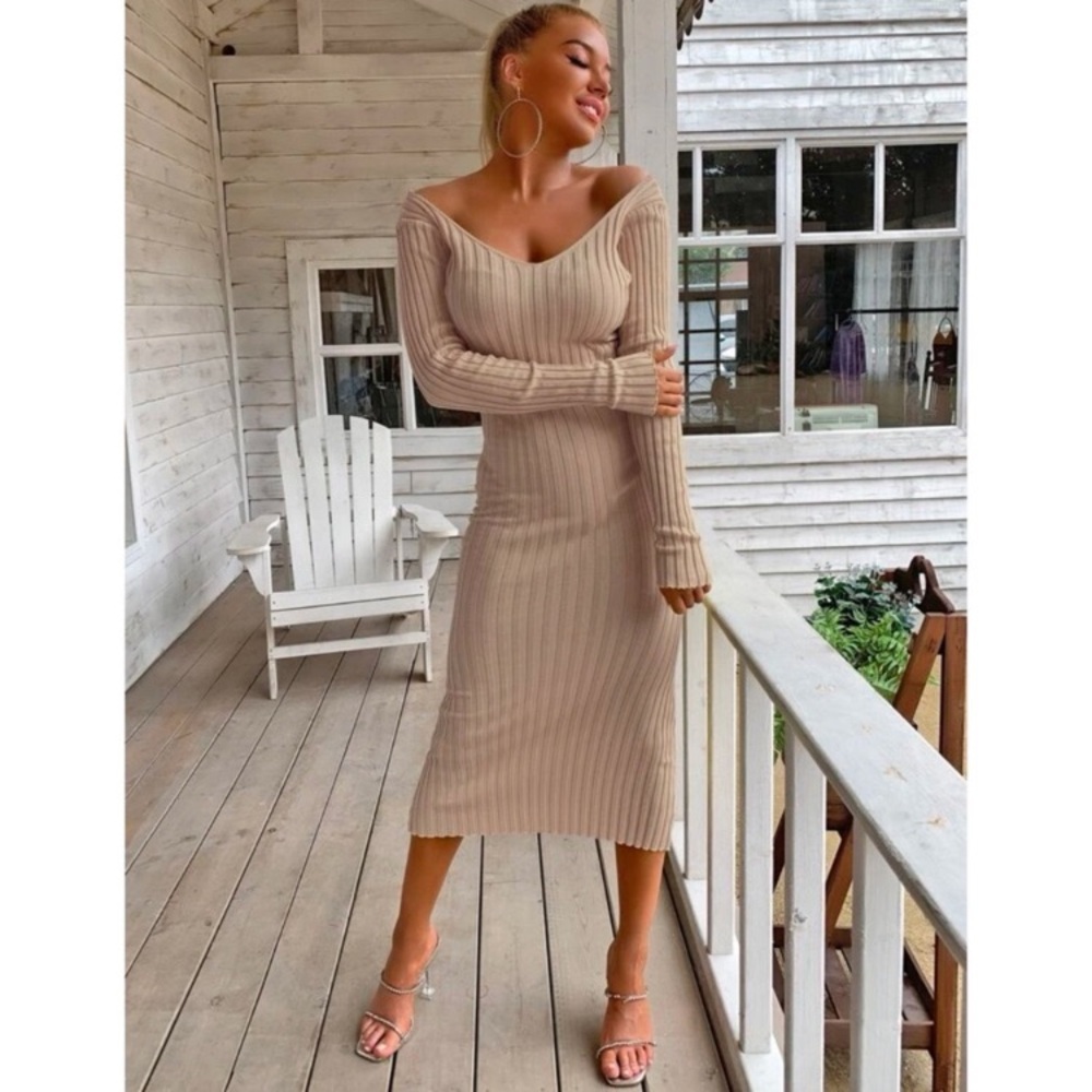 SHEIN - v-neck off/on shoulder ribbed knit sweater bodycon midi-maxi dress